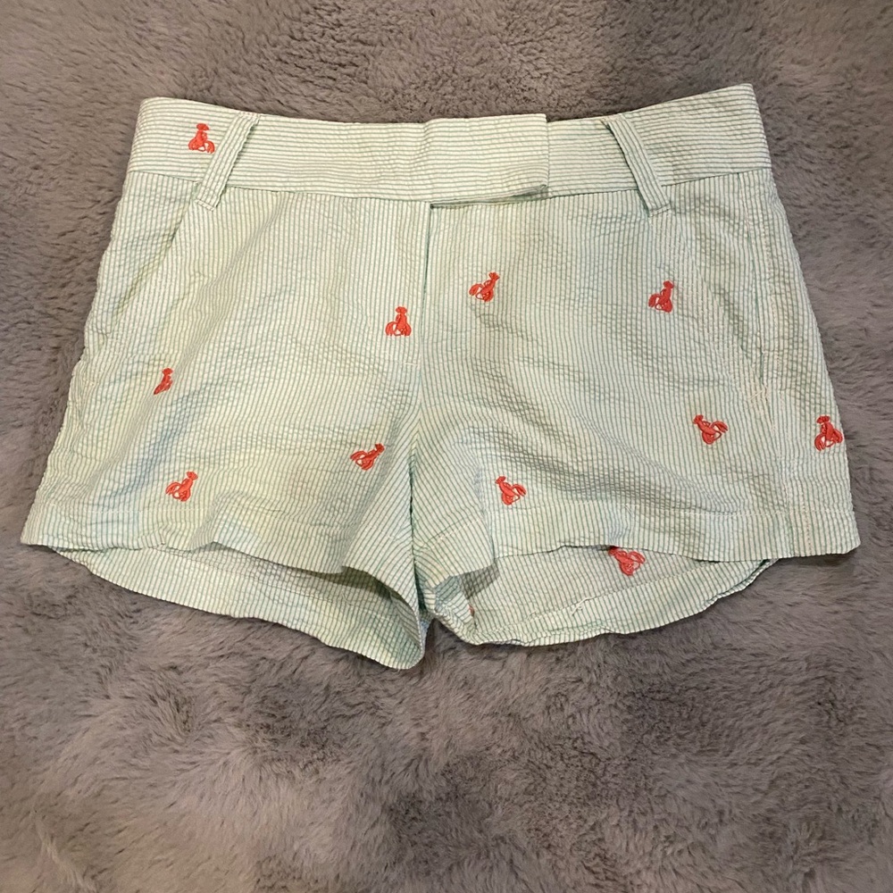 J.CREW CITY FIT GREEN/WHITE STRIPE SEERSUCKER SHORTS W LOBSTERS